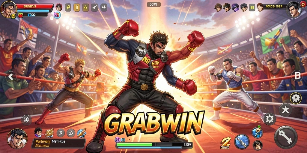 Screenshot gameplay GRABWIN yang menampilkan aksi pertarungan yang mendebarkan.