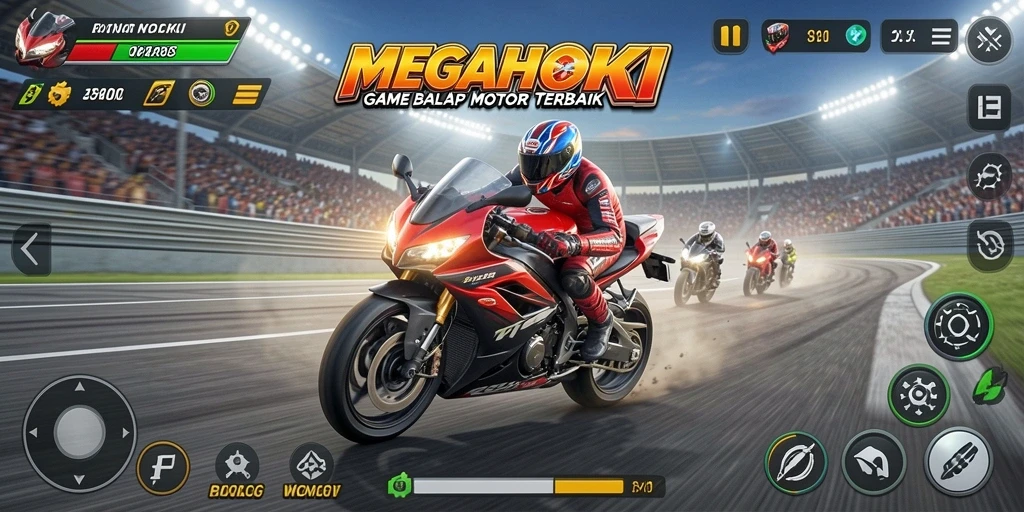 Gameplay seru MEGAHOKI yang penuh aksi balap motor.
