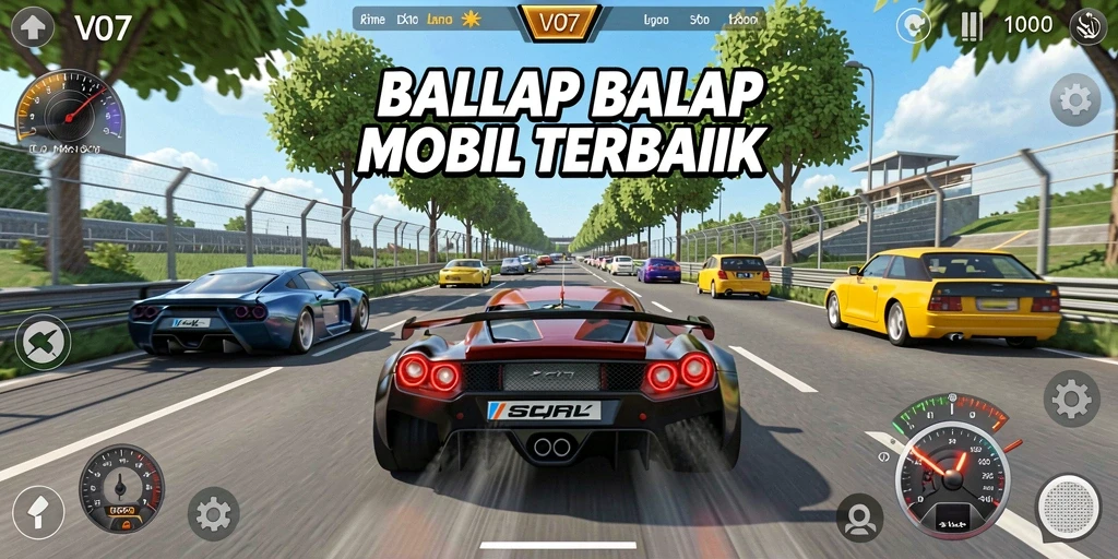 Gameplay menarik V07 dengan berbagai mobil balap dan trek yang menantang.